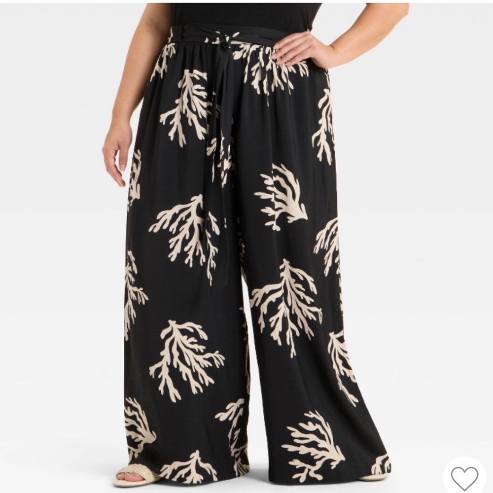 NWT Ava & Viv Women's Black Coral Print Flowy Wide Leg Tie-Front Pants XXL
